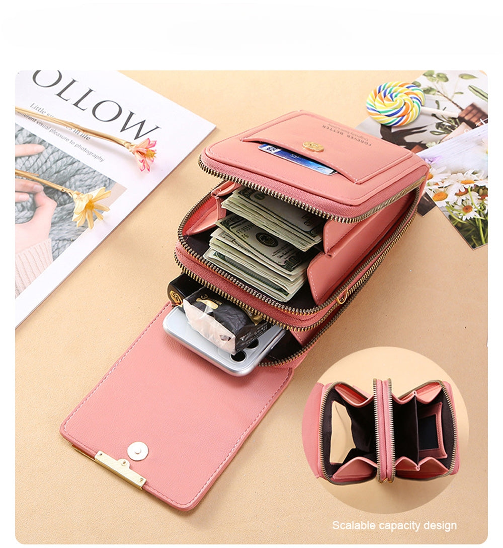 Laissez votre téléphone portable à portée de main avec notre sac à main en cuir à écran tactile.